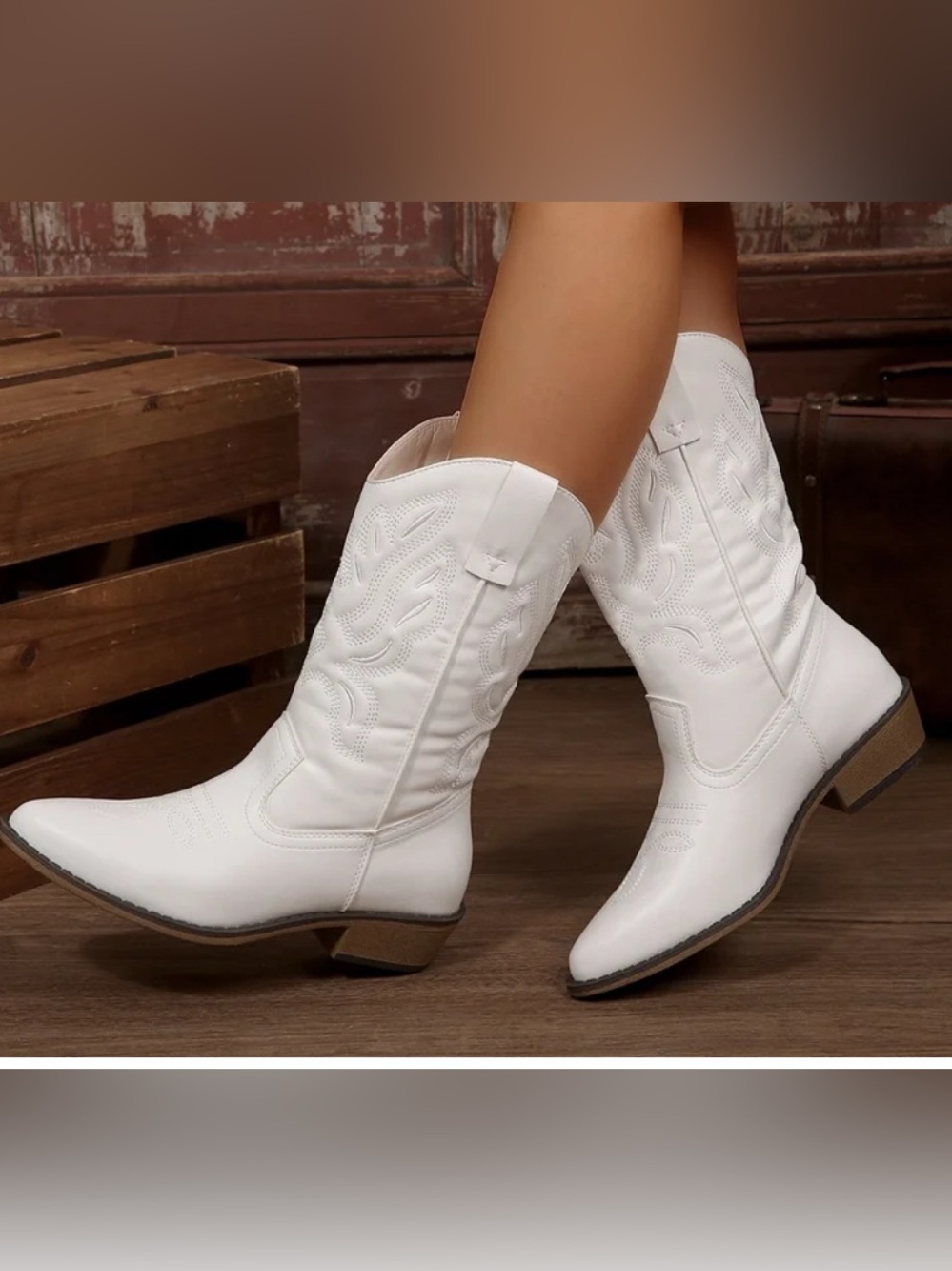 White Western Cowboy Boots - Embroidered Shaft - Picture 5 of 5
